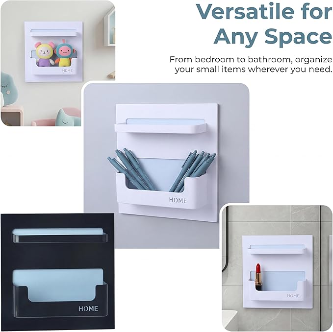 Bedside Shelf with Strong Sticky Gel,Wall Mount Organizer Holder for Cell Phone,Glasses,Remote,Keys,Adhesive Wall Shelves for Bedroom,Bathroom, Kitchen,No Drill Space Saver (Horizontal Type/White)
