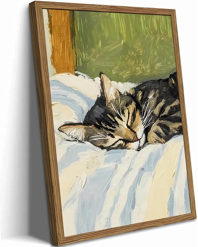 Cute Cat Wall Art, Funny Tabby Cat Sleeping in Bed Wall Decor Painting, Funky Tabby Cats Pet Pictures Vintage Animal Poster Canvas Prints, for Living Room Bedroom 12x16 inch Wood Framed