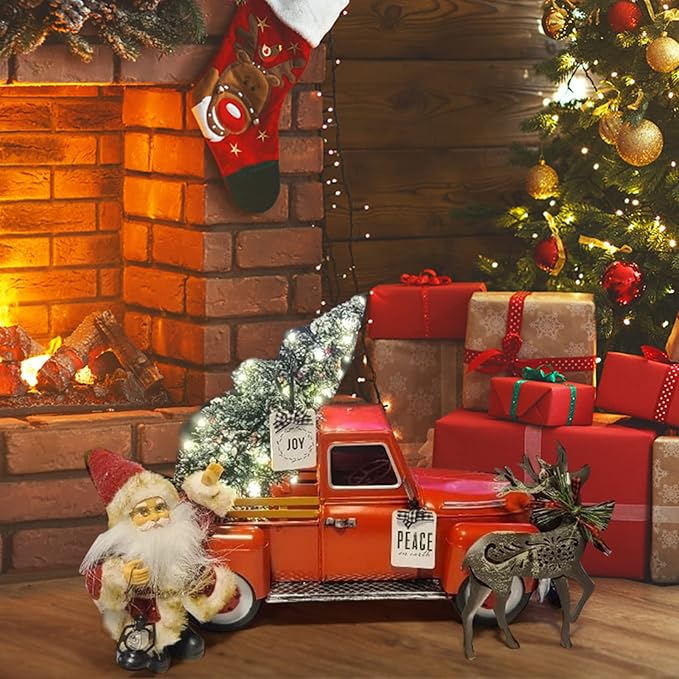 Vintage Red Truck Decor, Farmhouse Metal Outdoor/Indoor Pickup Planter, Christmas Red Trucks Decorations, Decorative Tabletop Storage,Gift Basket for Holiday