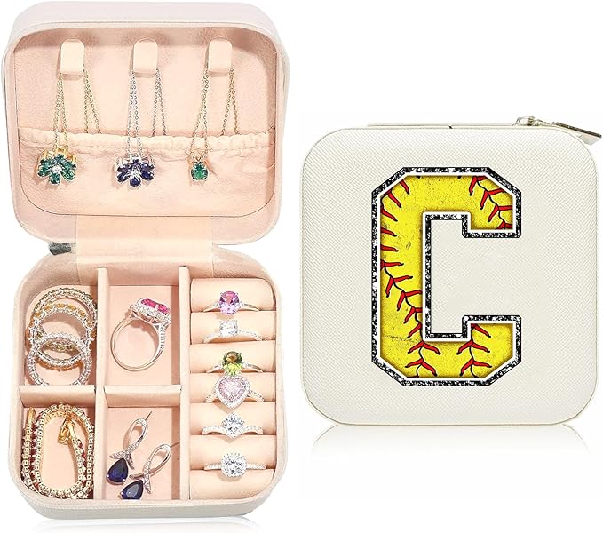 Softball Initial C Travel Jewelry Case,Valentine's Day Gift Softball Gifts for Teen Easter,Jewelry Box Personalized Softballs Accessories Letter Birthday Gifts for Players Coach Team Mom