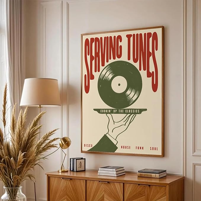 Vintage Wall Art Music Vinyl Records Canvas Poster Trendy Modern Music Wall Art Minimalist Aesthetic Prints Serving Tunes Poster Print Artwork for Bar Living Room Bedroom Home Decor, 16x24in Unframed
