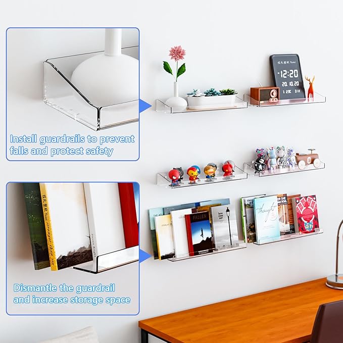 Acrylic Shelves for Bathroom Wall - No Drilling Shelf, Adhesive Wall Mounted Storage Organizer - Invisible Floating Shelves for Action Figures, Collectibles, Makeup, Perfume, Books, Room Decor (2PCS)