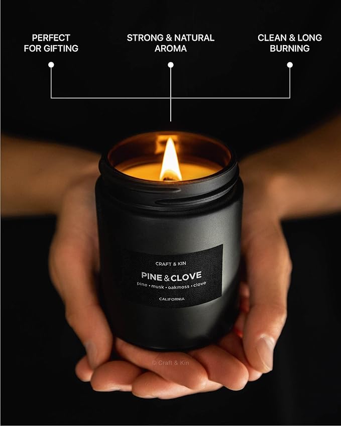 Craft & Kin Premium Pine & Clove Candle | Black Scented Candles for Home | Long Lasting with 45 Hour Burn Time, 7.6oz | Soy Candles | Aromatherapy at Home