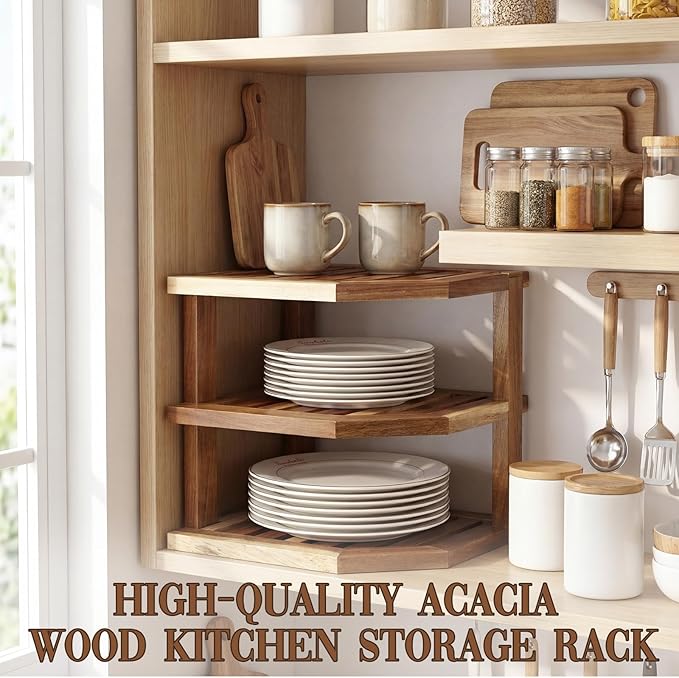 Mifoci 3 Tier Acacia Wood Corner Shelf Organizer for Kitchen Counter & Cabinet, Solid Wood Corner Rack Space Organizer for Plates, Dishes, Bowls, Cups, Pantry Storage, 9.5" x 10", Hardware Included