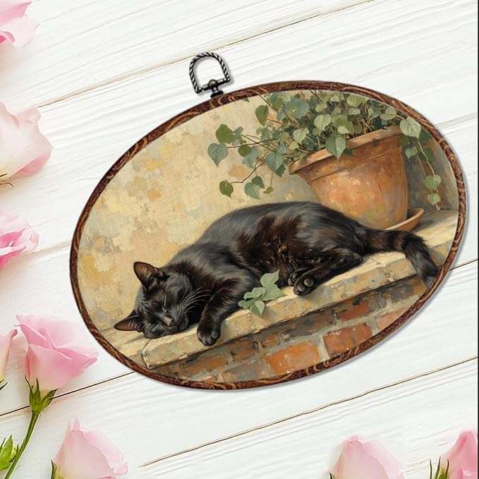 Vintage Black Cat Oval Framed Wall Art, Cute Animal Cat Canvas Art Paintings Wall Decor, Rustic Aesthetic Cottagecore Hanging Decor Artwork for Home Kitchen Bedroom Bathroom Living Room 12X8.3