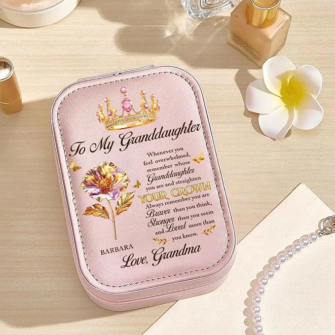 Straighten Your Crown - Personalized Custom Jewelry Box With LED Mirror - Remember Whose Granddaughter You Are Encouragement Jewelry Box, Appreciation Thank You Gifts for Granddaughter on Christmas