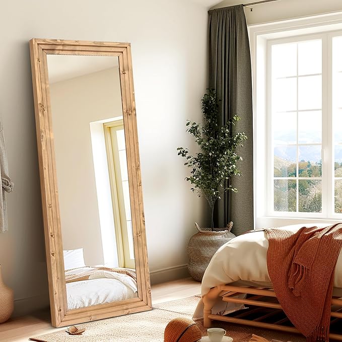 Full Length Mirror 58"x22" Solid Wood Frame Floor Large Mirror for Living Room, Bedroom Hanging or Leaning Wall-Mounted, Light Brown