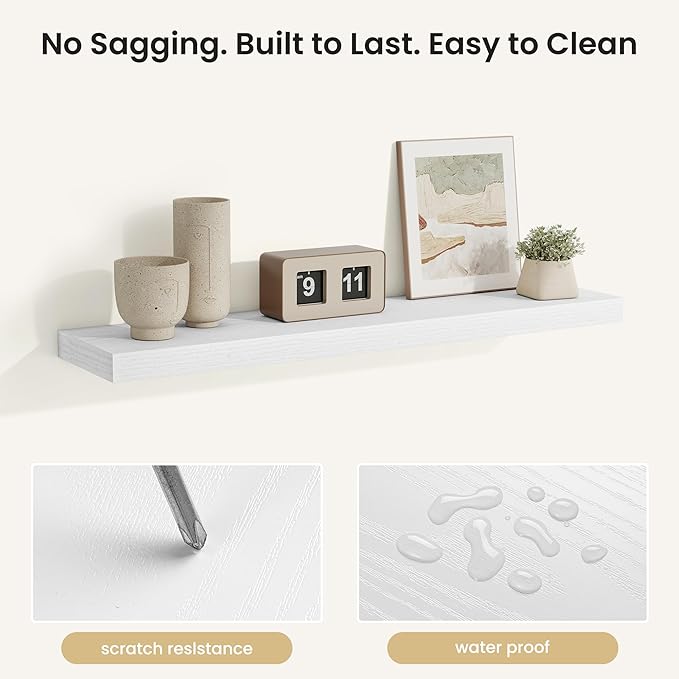 Fun Memories Rustic Floating Wall Shelves, Wall Mounted Wood Storage & Display Shelves for Bathroom, Bedroom, Living Room or Kitchen, (Set of 2, White, 36 in)