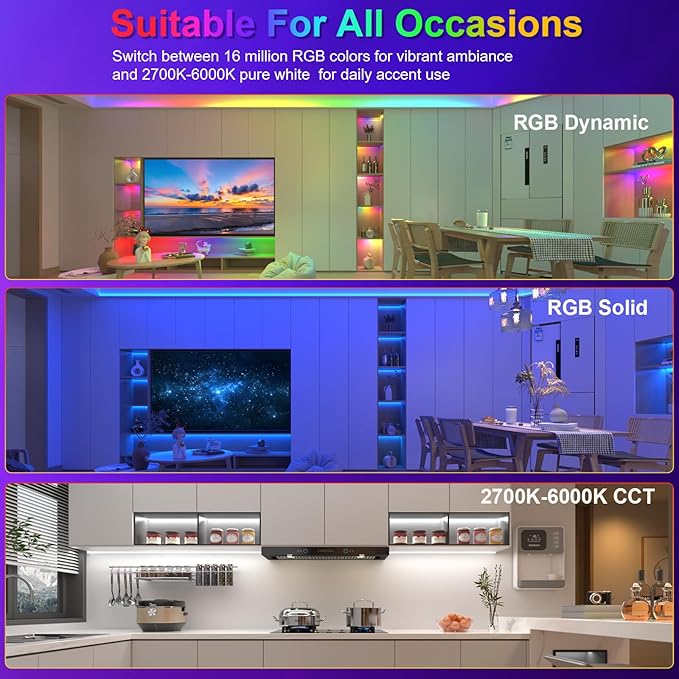 JOYLIT 32.8FT RGBCCTIC COB LED Strip Lights 24V, RGB 2700-6000K CCT WS2811 IC Addressable Color Chasing LED Strip, 840LEDs/M High Density Uniform Glow SPI Tape Light for Indoor Decor (Lights Only)