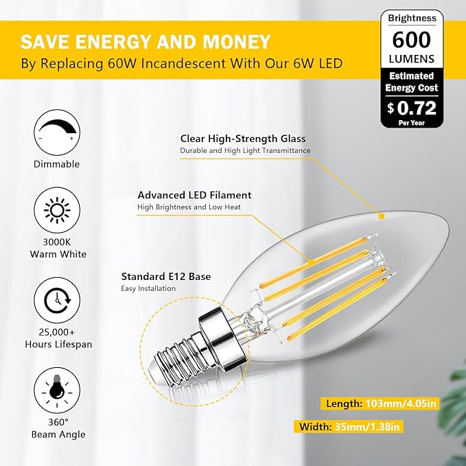 12-Pack Dimmable E12 LED Candelabra Bulbs 60W Equivalent, 3000K Soft Warm White, 600 Lumens B11 Candle Base 6W C35 LED Filament Vintage Light Bulbs, Clear Glass for Chandelier Ceiling Fan High CRI 90+