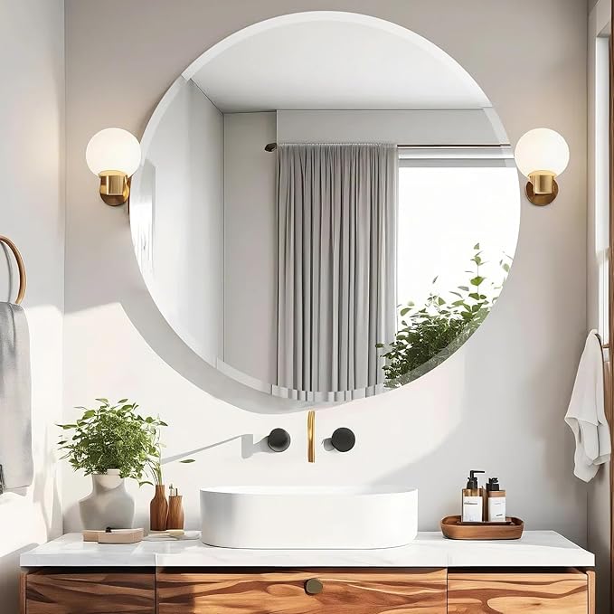 28 Inch Round Frameless Bathroom Mirror, Beveled Round Mirror, Circle Vanity Mirror with 1" Beveled Edge for Bathroom, Entryways, Living Room