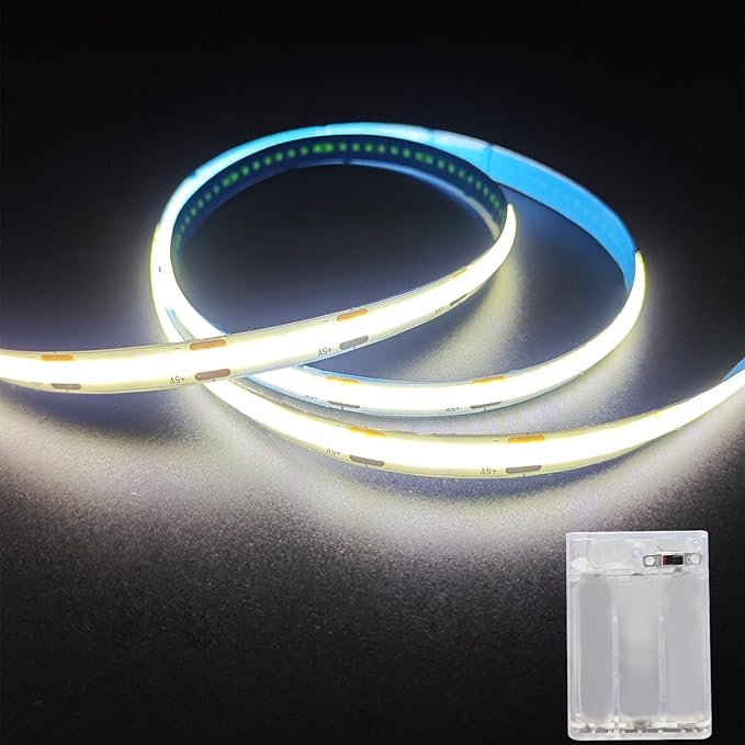 ZSLAIFU Battery Powered LED Strip Lights, 3.3FT COB LED Strip Light, Battery Operated LED Lights, White LED Strip Lights Battery Powered for Closet, Cabinet, Shelf, Kitchen, DIY Lighting