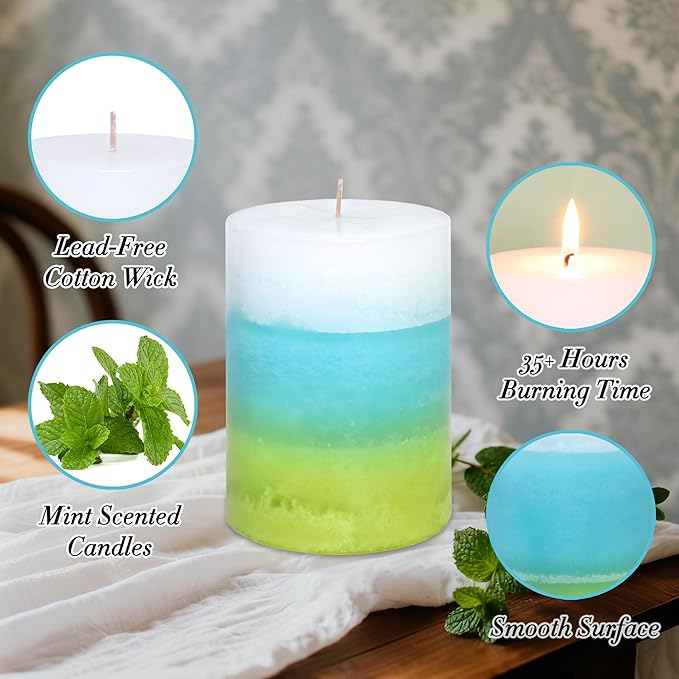Mint Scented Pillar Candles - 3X4 Inch Aromatherapy Long Burning 35+ Hours, Clean Burning & Smoke-Free for Meditation Spaces, Home Offices