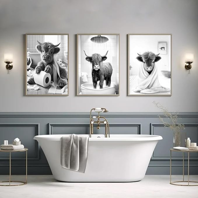 Western Cow Bathroom Decor Wall Art,Funny Highland Cow Wall Art in Restroom,Black and White Wall Decor,Highland Cow Canvas Art Prints,Rustic Retro Bathroom Wall Decor Humor Animals Artwork Prints,8x10inchx4pcs,Unframed