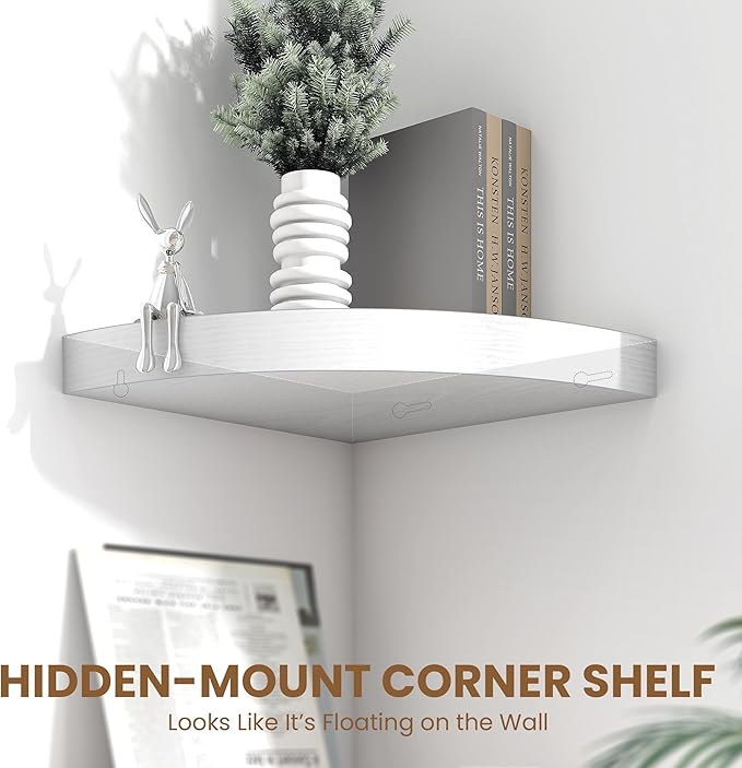 Fun Memories Floating Corner Shelves Set of 2 - Rustic Wood Wall Mounted Storage and Display Shelves for Living Room, Bedroom, Kitchen, Bathroom - Space Saving Home Decor, White