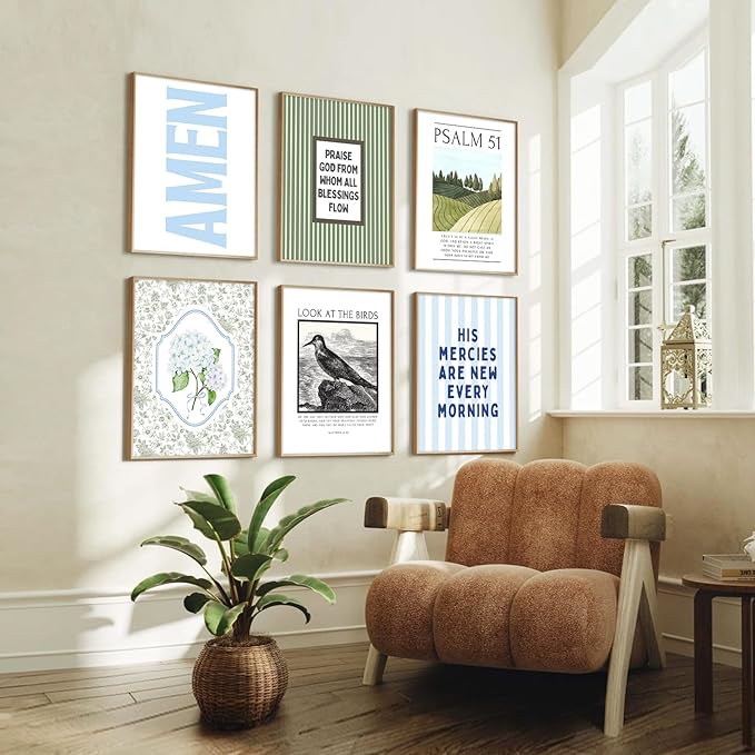 Blue Green Christian Wall Art Decor Bible Verse Canvas Poster Preppy Scripture Pictures Trendy Religious Prints Aesthetic Floral Artwork Painting for Bedroom Living Room 8x10 Inch Unframed Set of 6