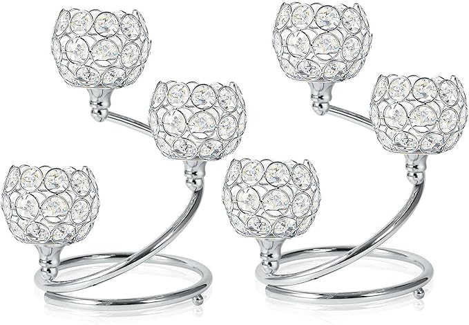 Metal Crystal Candle Holder Set of 3 - Elegant 5-Arm Metal Tea Light Centerpiece with Shining Crystal Bowl, Wedding Anniversary Table Decor for Dining, Party (Silver, 2 Pcs 3 Arm)