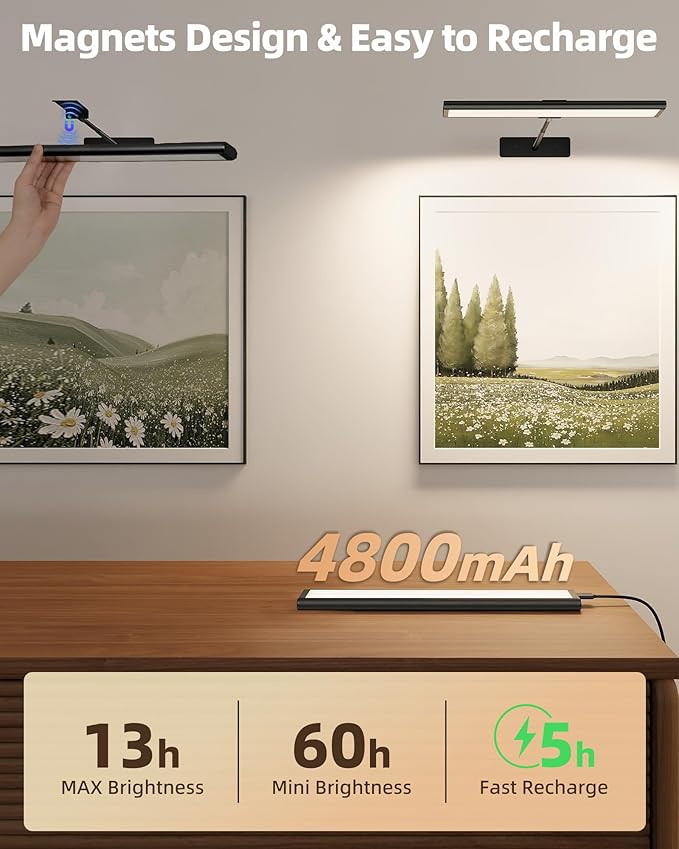 EZVALO Picture Light for Wall, 4800mAh Rechargeable Wireless Battery Lights for Painting, 16In Dimmable Magnetic LED RGB Art Display Light, Colors Temperatures, for Gallery, Living Room, Hallway