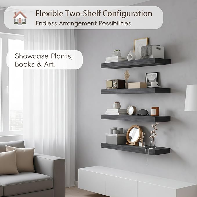 Lufia Floating Wall Shelves, Set of 4, MDF with Invisible Brackets, Modern Storage for Bedroom, Bathroom, Living Room, Kitchen (Black, 15.8" W x 5.5" D x 1.2" H)