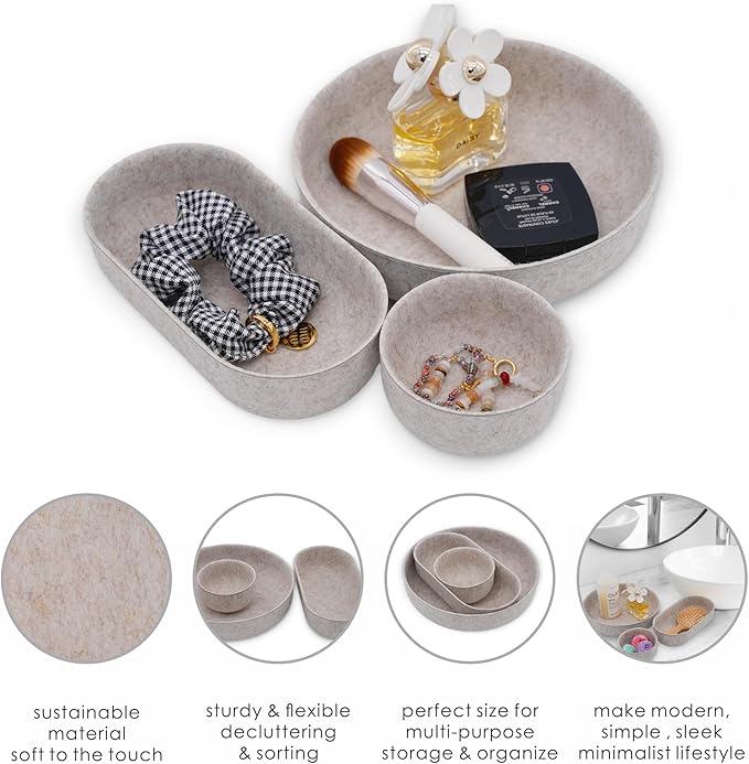 Welaxy EDC Cathall Desk Organizer felt bowls round stylish nightstand multi tray Entryway Bedside Caddy for Keys Phone Wallet Watch Glasses Pens minimalist living 3-Piece (Oatmeal)