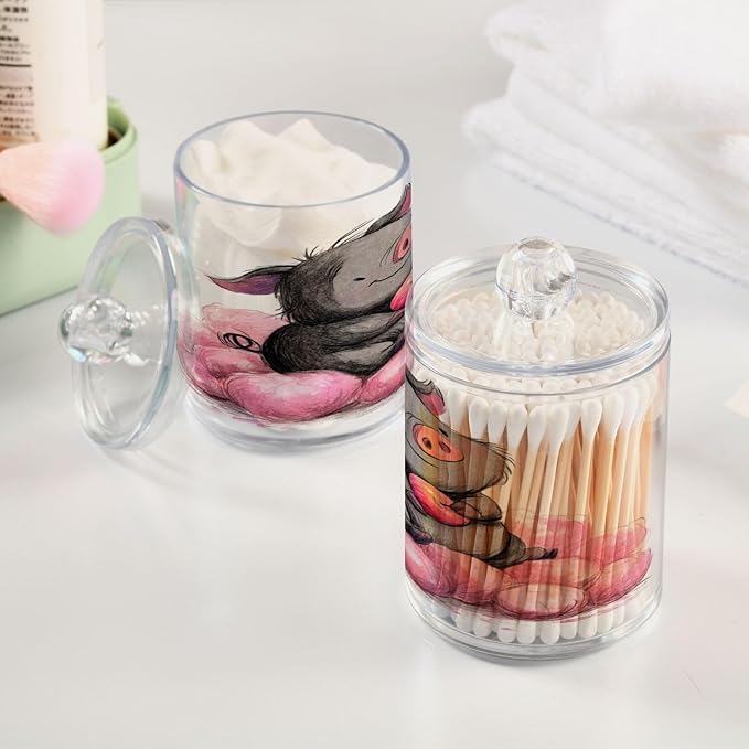 2 Pack Apothecary Jars,Charming Pig Art Bathroom Vanity Storage Organizer Set,Small Clear Plastic Storage Jars Bathroom Canister for Cotton Swabs,Rounds,Balls,Qtips,Makeup Sponges
