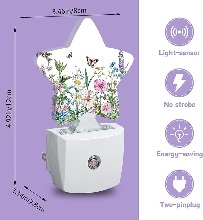 Nightlight,Butterfly Lavender Decorative Night Lights Plug Into Wall,Flowers Leaves Night Light with Auto Sensor for Bedroom,Nursery,Hallway,Stairway,Gifts