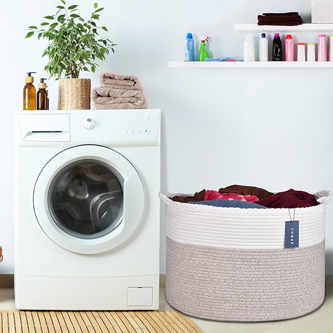 COMSE Extra Large Blanket Basket, Woven Laundry Basket, 21.7”x 13.8”, Nursery Hamper, Cotton Rope Laundry Hamper Living Room for Storage Toys Clothes Towels (White & Light Brown)