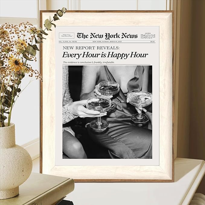 ASTRDECOR Framed Trendy NewsPaper Wall Art - Every Hour is Happy Hour, Retro News Prints Posters, New York Times Canvas Prints for Bar Cart Dorm Living Room Apartment Home Decor 12x16in