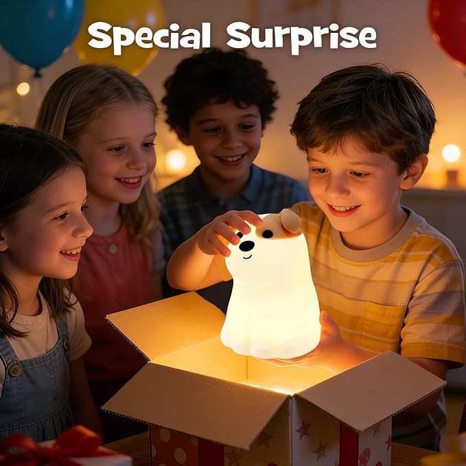 Dog Night Light Squishy Silicone Nursery Breastfeeding Nightlight with Timer 3-Level Warm White RGB Color Modes Cute Puppy Lamp Rechargeable Touch Bedside Desk Animal Lamp for Bedroom Dorm Decor