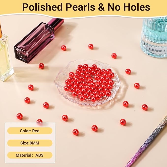 Suream Imitation Pearls 1300 Pcs, 8mm/0.31In Pearl for Exquisite Makeup Brush Holder, Art Faux Round Beads with Luster, No Hole Decorative Vase Filler Pearls for Wedding, Party, Table Scatter, Red