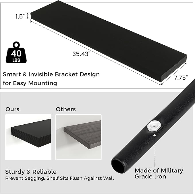 Venusmiles Floating Shelves for Wall 36 inch Long, Engineered Wood Wall Shelves with Invisible Brackets for Living Room Bedroom Bathroom Office Kitchen Decor and Storage, Black Finish, Set of 2