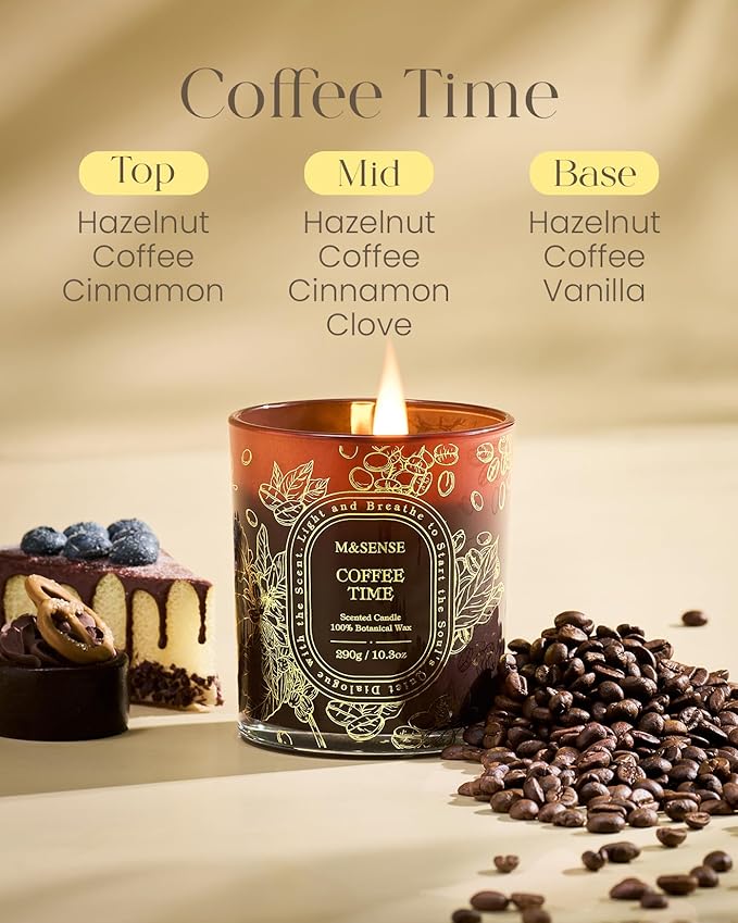 M&SENSE Coffee Scented Candle, Clean-Burning Non Toxic Soy Wax Candle, Cozy Stress Relief Coffee Aroma, 55 Hours Long Burning 10.3oz, Office Housewarming Gifts Home Decor for Women Men