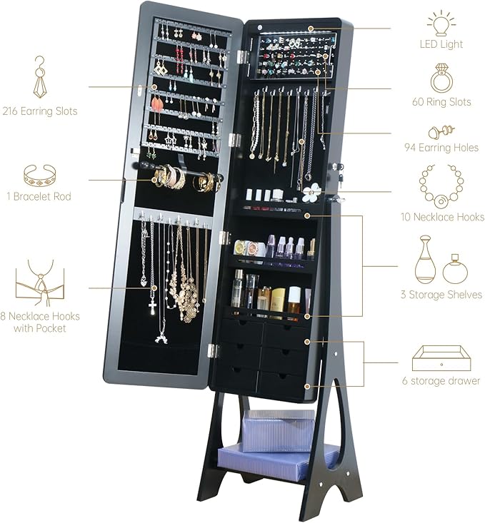 Standing Mirror Jewelry Cabinet,Full Length Mirror Jewelry Armoire Jewelry Organizer Lockable Jewelry Storage for Women Girl Frameless LED Lights 6 Drawers Black