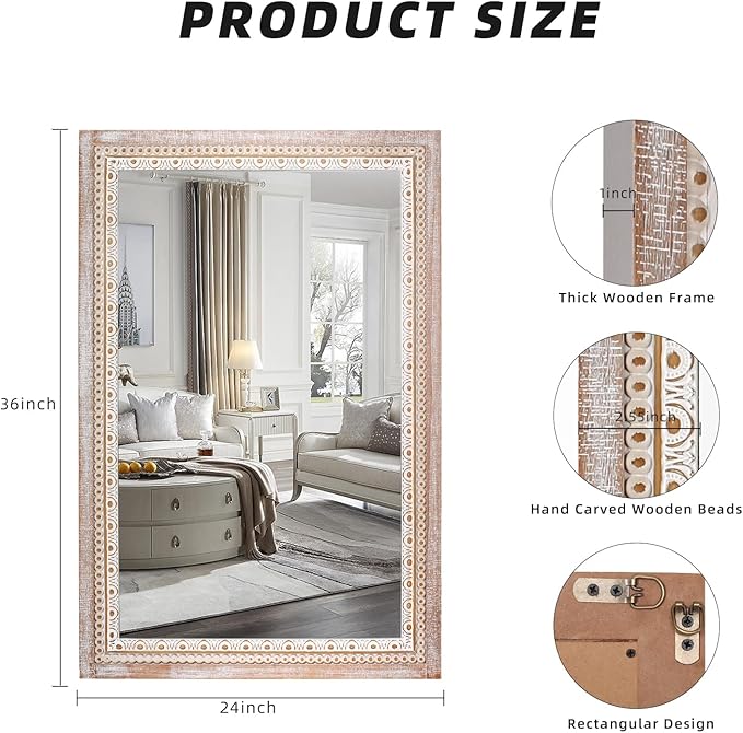 36x24 Inch Rustic Farmhouse Rectangle Bathroom Mirror Decorative, Boho Wooden Rectangular Mirrors for Wall Decor, Over Sink, Living Room, Entryway - Horizontal/Vertical Mounting