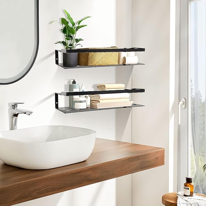 Uten Floating Shelves, Wall Mounted Iron Shelves Set of 2, Bathroom Storage Iron Shelves with Towel Rack, Wall Hanging Organizer Decor Shelf for Bathroom, Kitchen, Bedroom, Living Room