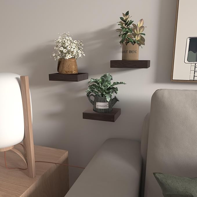 PopiShelves Small Floating Shelves for Wall - 6 Inch Mini Square Rustic Brown Shelves for Bedroom, Living Room, Bathroom, Kitchen, Office Decor Set of 3