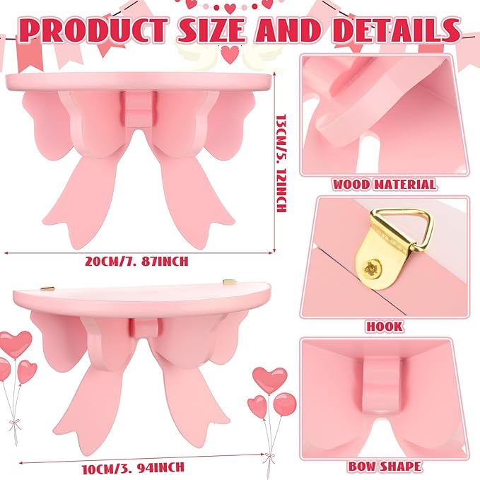Pinkunn 2 Pcs Bow Floating Shelves Kawaii Shelf Book Stand Farmhouse Rustic Corner Wall Shelf Wooden Bow Tie Rack Princess Room Decor for Nursery Home Bedroom Office Wall Decor(Pink)