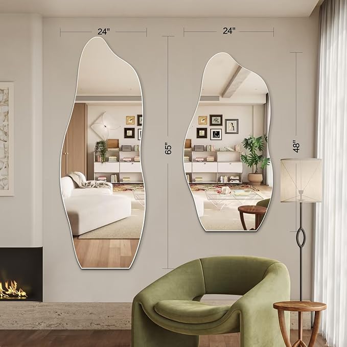 Niccy 48"×24" Frameless Wavy Full Length Mirrors, Long Wall-Mounted Mirror for Living Room, Large Full Body Floor Mirror, Explosion-Proof Tall Hanging-Mirror for Bathroom Bedroom Entryway Decor