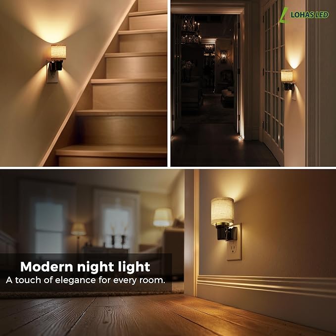 L LOHAS LED Night Lights Plug into Wall, Linen Fabric Cylinder Decor Night Light, Dusk to Dawn Sensor Vintage Nightlight, 0-100LM Dimmable, for Bedroom Living Room Hallway