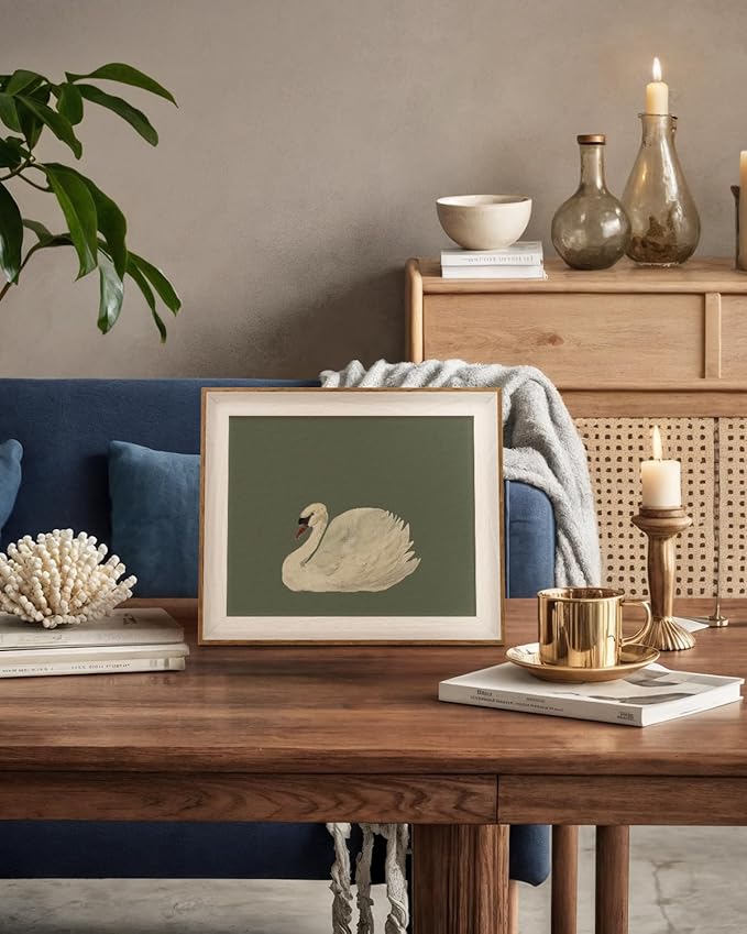 VIYYIEA Framed Wall Art for Living Room, Swan Canvas Prints, Green Home Decor, Animals Painting Picture, Bathroom Wall Decor Gifts for Friends or Family -【Swan Green】-(12L x 10W)