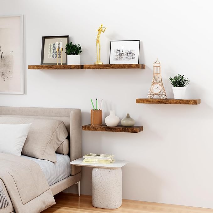 Bellsal Floating Shelves for Wall, Rustic Brown Wood Wall Shelf Set of 4, 16" Walls Mounted Floating Shelf for Kitchen, Living Room, Bedroom, Bathroom Storage, Book Shelf for Walls Home Decor