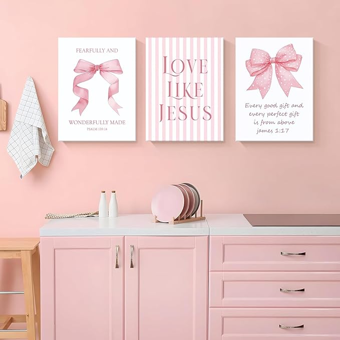 Dytila 3 Piece Pink Bows Wall Art for Girls Room, Bible Verse Pictures Bathroom Decor, Coquette Wall Artwork, Cute Teen Room Decoration, Dorm Decor for College, College Gifts for Girls 12x16 Inch