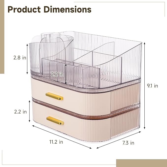 Makeup Organizer, 3 Tiers With Drawers, 360° Rotating Brush Holder, Large Capacity Cosmetic Storage With Clear Top Slots, For Skincare Perfume Lipstick Jewelry