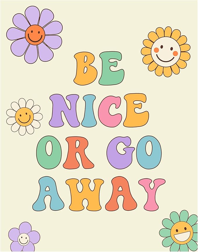 Retro 70s Wall Art 11x14 - Groovy Flower Smiley Face Poster with Positive Quote - Teen Girls Bedroom Decor - Colorful Hippie Room Decoration - Vintage Style Print for Girly Bedroom - Unframed
