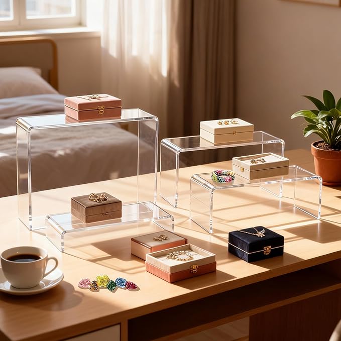 16 Pcs Acrylic Risers 4 Sizes(7" L~9" L) Riser Display Shelf Cupcake Stand Display Cabinet Clear Rectangular Display Stands Set