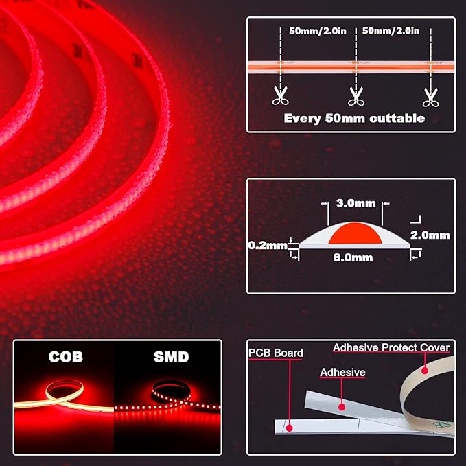 TOPAI 24V Red COB LED Strip Waterproof IP65 Outdoor 16.4ft Super Bright Dotless High Density 480LEDs/M Cuttable Flexible LED Tape Light for Cabinet Home DIY Lighting Projects