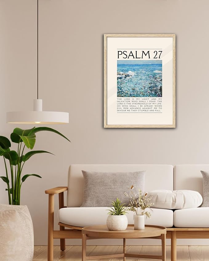 EcoHest OAK Wood Jesus Framed Wall Art, 12x16in Psalm 27 Bible Verse Christian Wall Art, Modern Faith Religious Bedroom Decor For Living Room Bathroom Christian Merch Gift 1Pack