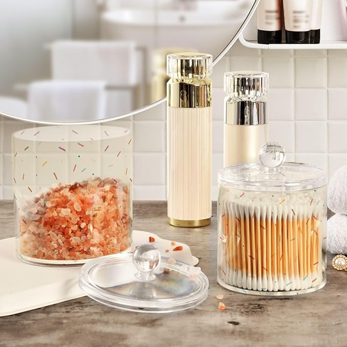 A Simplepastel Illustration Of Small Sprinkles Scattered Clear Plastic Makeup Organizer Storage with lid Dresser Essentials Decorative Dental floss storage jar for Cotton Swabs,Cotton