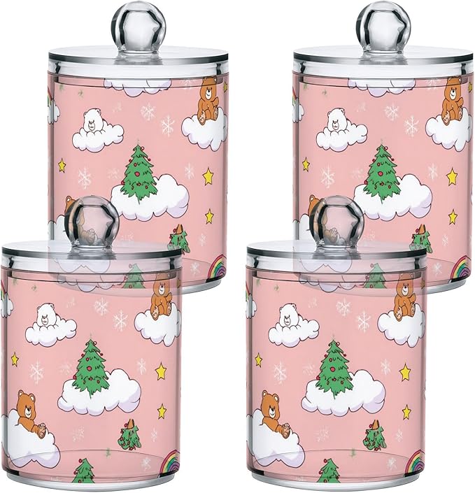 2 Pack Apothecary Jars Cute Pink Bear Cloud Bathroom Vanity Storage Organizer Set,Small Clear Plastic Storage Jars Bathroom Canister for Cotton Swabs, Rounds, Balls, Qtips,Makeup Sponges, Floss