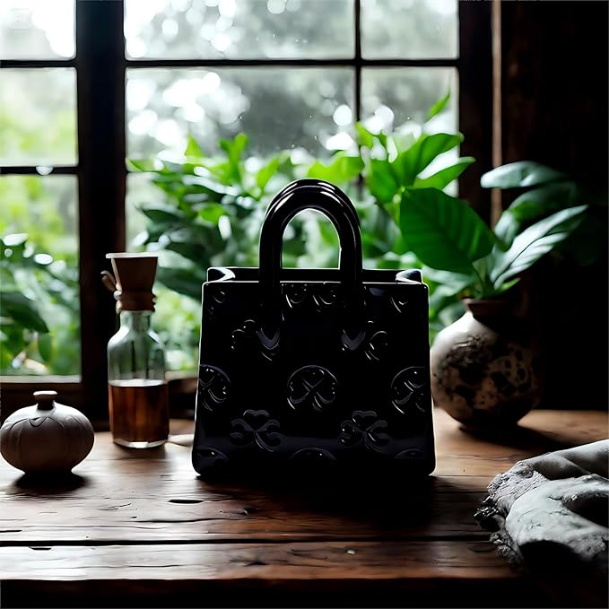 Handbag Shaped Ceramic Vase – Black Small Decorative Vase with Clover Pattern, 5.9"L x 2.95"W x 7.08"H, Multi-Use for Flowers, Makeup Brushes & Pens, Elegant Gift for Women, Gothic & Modern Home Decor